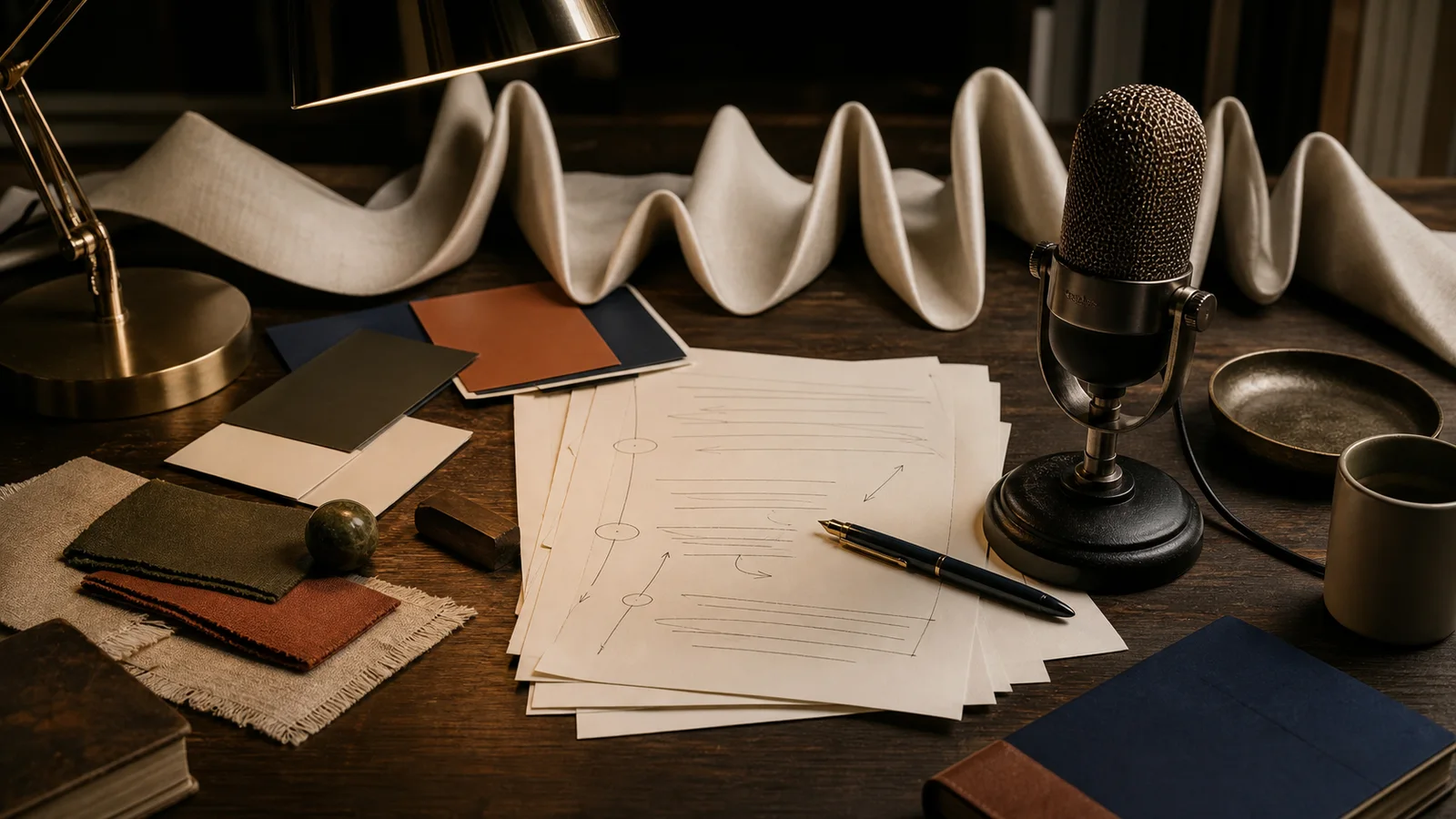 Editorial desk with marked-up copy sheets, tone cards, microphone, and brand messaging notes without readable text
