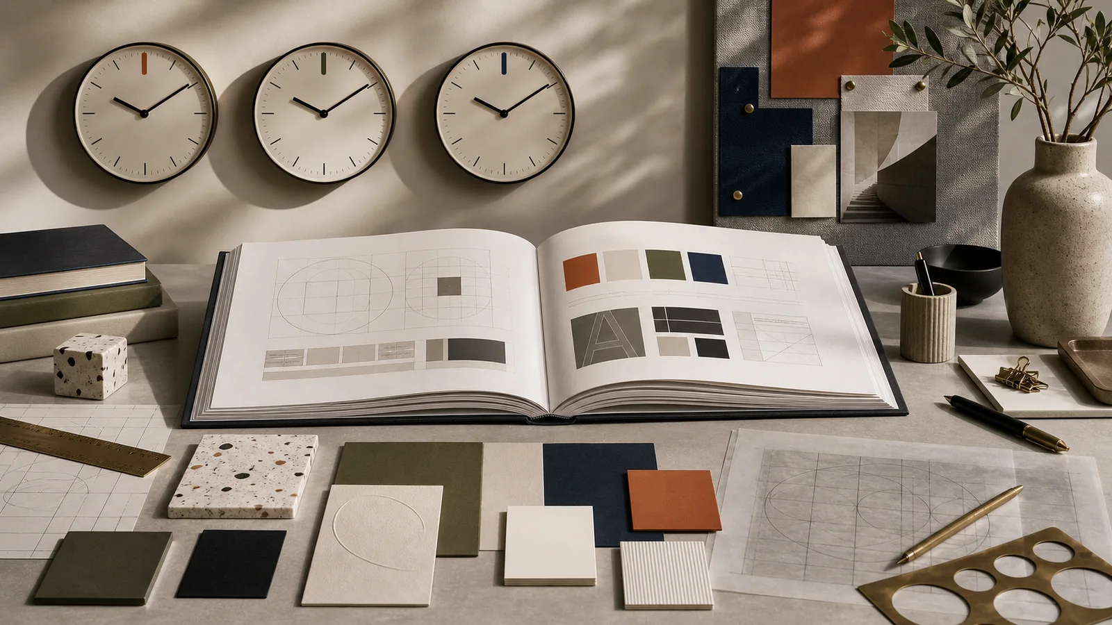 Brand guidelines manual, grid drawings, color swatches, and synchronized clocks on a design studio table
