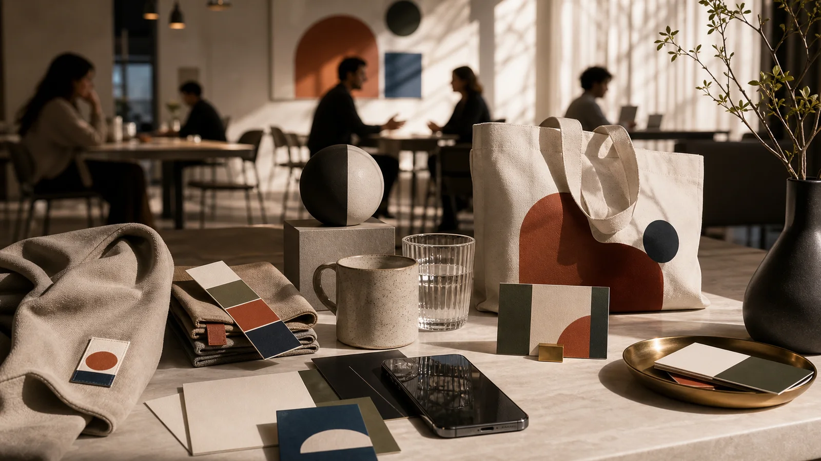 Unbranded cafe table still life with identity objects, color cards, and people in the background