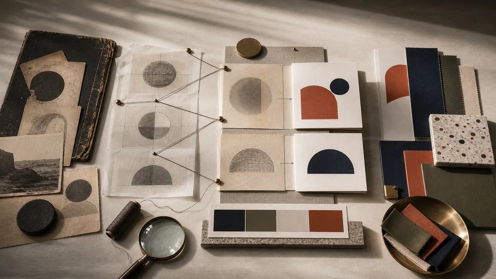Old and new abstract brand identity pieces connected by tracing paper, pins, and careful transition notes