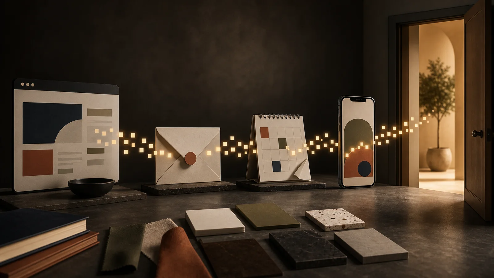 Trail of glowing tiles moving from browser window to envelope, calendar, phone, and open doorway