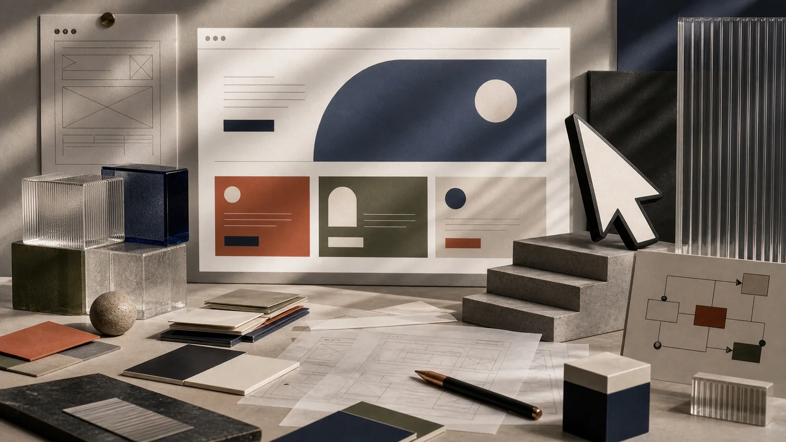 Website interface projected onto architectural blueprints with glass blocks and warm studio lighting