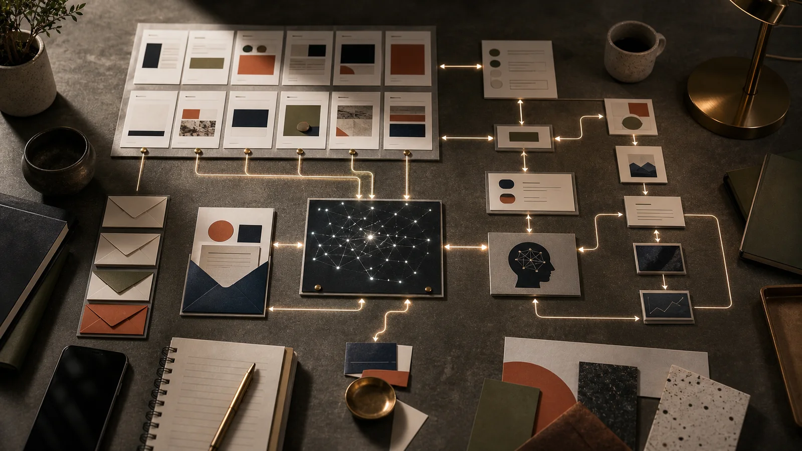 Marketing strategy desk with content calendar, email flow cards, social tiles, and abstract AI workflow map