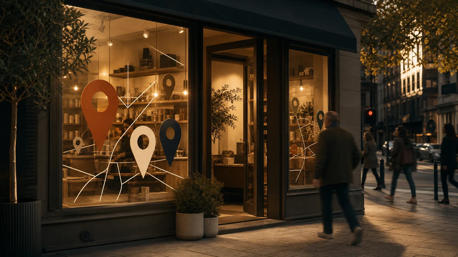 Warm local storefront with abstract map lines and location signals reflected in the window