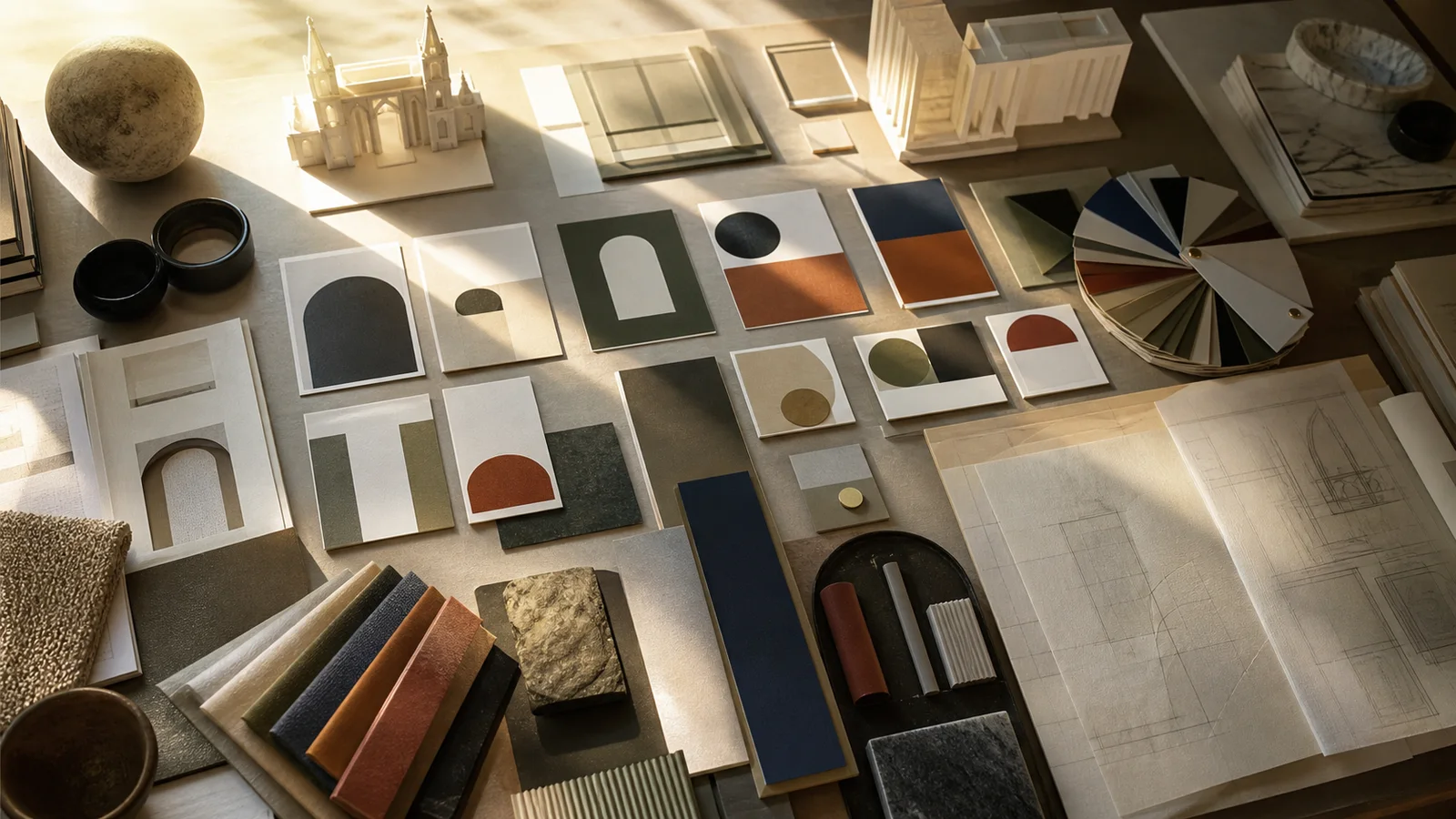 Editorial brand strategy table with abstract identity cards, repeated symbols, and architectural paper models