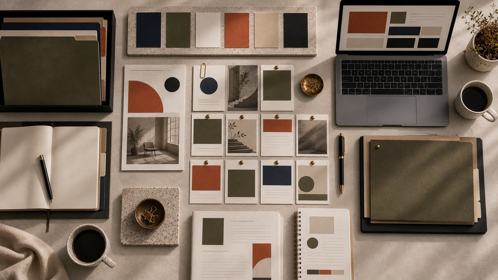 Editorial planning table with article drafts, content cards, laptop, coffee, and archival folders