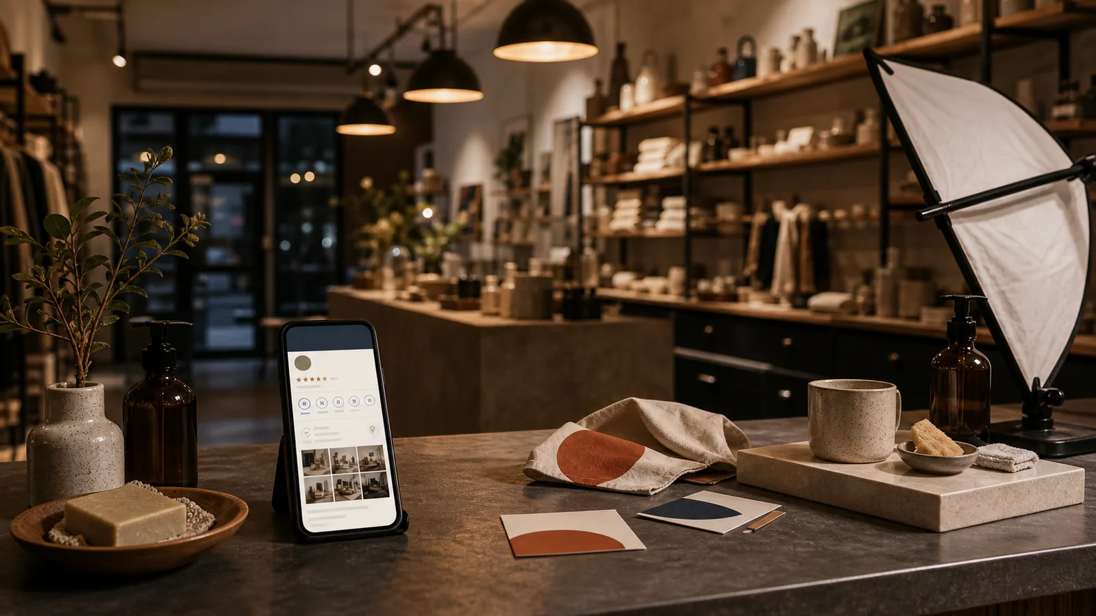 Local shop counter after closing with photo cards, phone interface shapes, and soft operational lighting