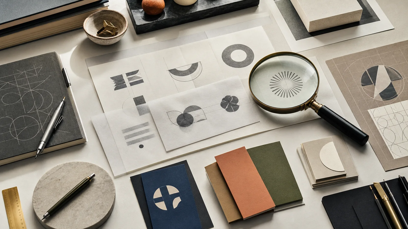 Minimal logo sketches, abstract marks, tracing paper, and recognition cards on a studio desk
