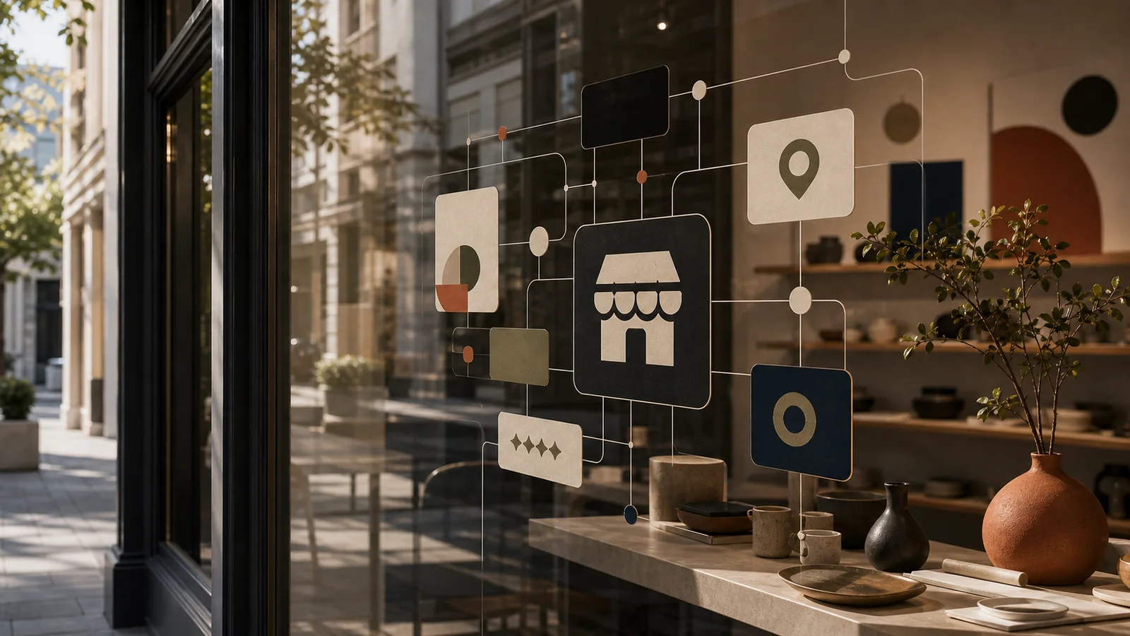 Real storefront reflected in glass with abstract structured data blocks and geometric search signals