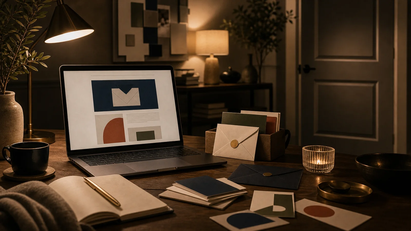 Quiet evening workspace with laptop, envelopes, customer journey cards, and warm lamp light
