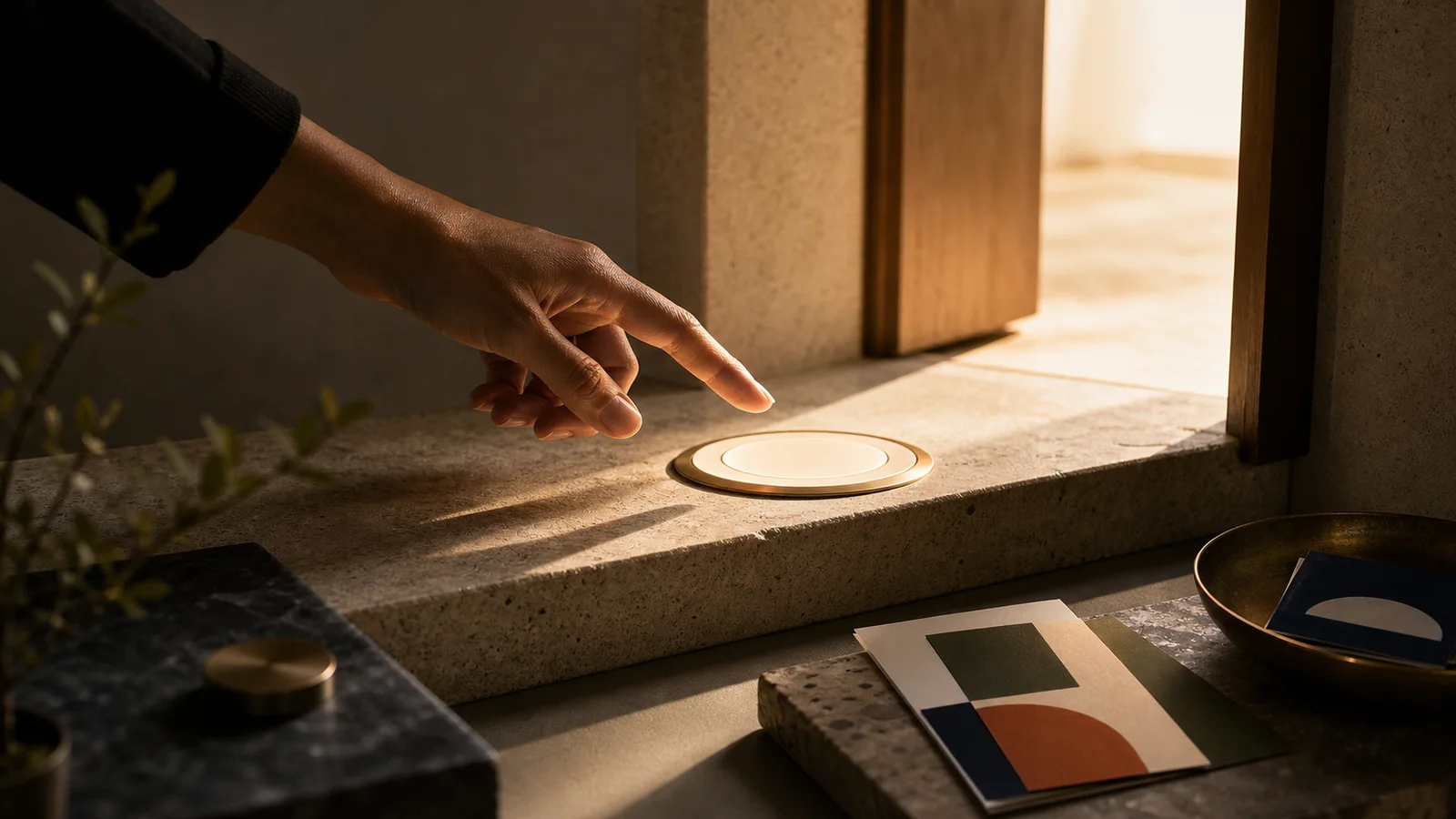 Hand hovering above a luminous abstract button embedded in a stone threshold with warm doorway light