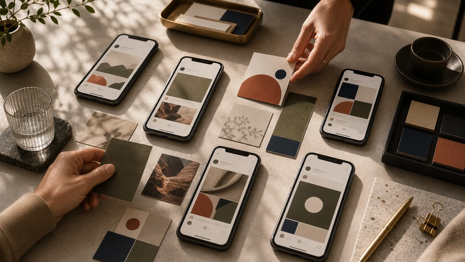 Several smartphones with abstract social feed shapes on a studio table while hands arrange content cards