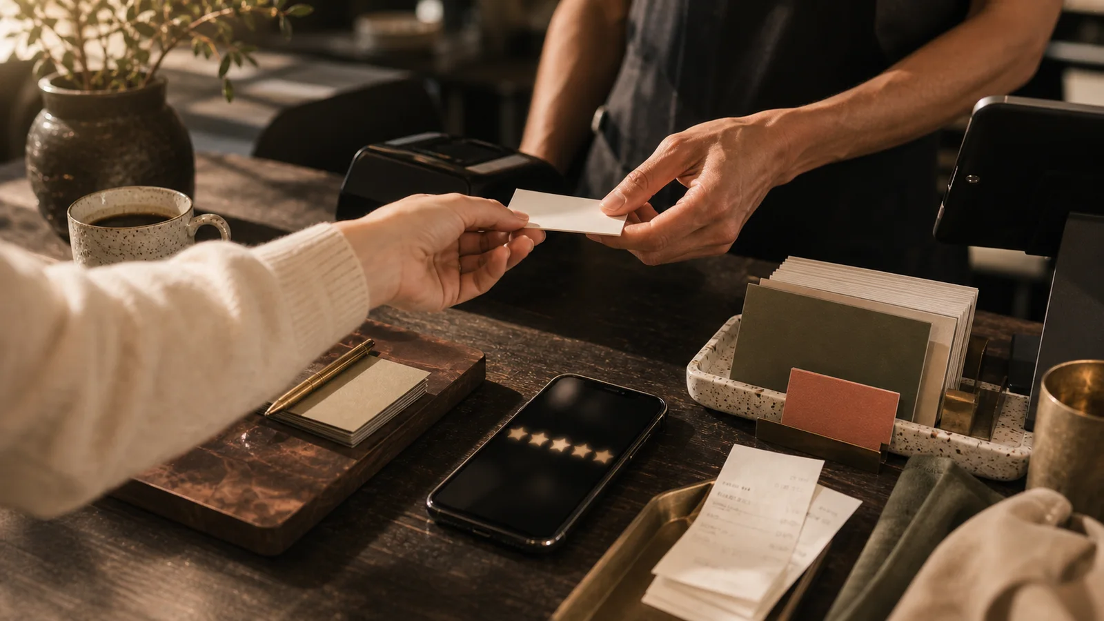 Small business counter with thank-you cards, receipts, and a phone showing blurred review shapes