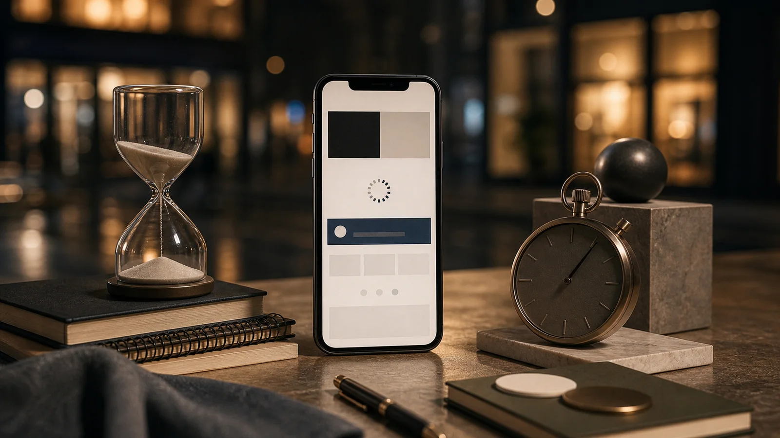 Mobile screen loading beside an hourglass and stopwatch with blurred storefront lights in the background