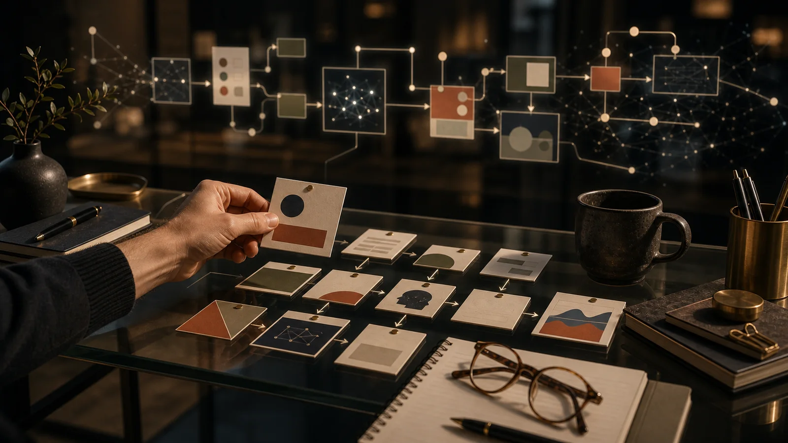 Human hand reviewing abstract AI workflow cards on a glass desk with soft neural light patterns