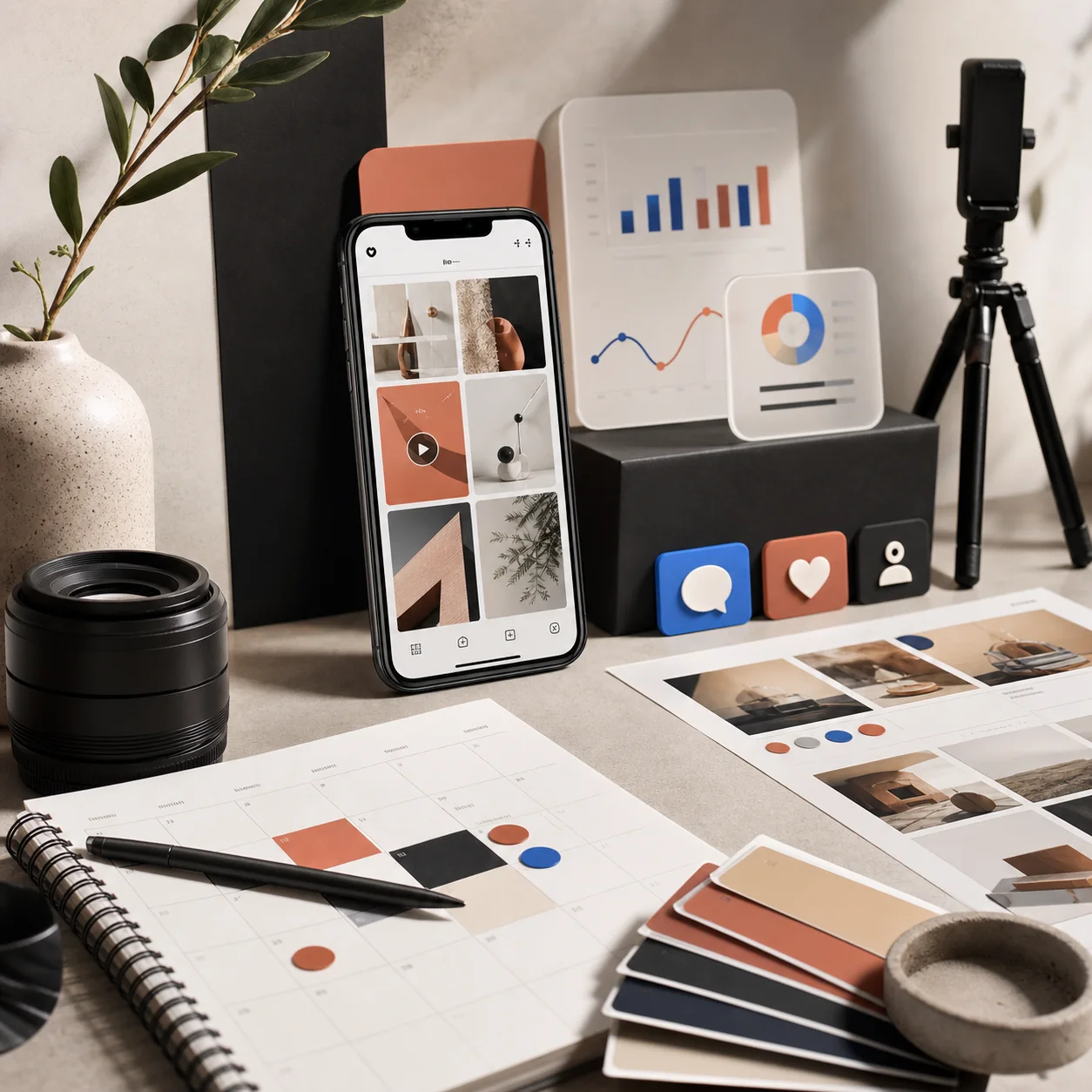 Social media content calendar, analytics cards and campaign planning desk by Digital Space Co