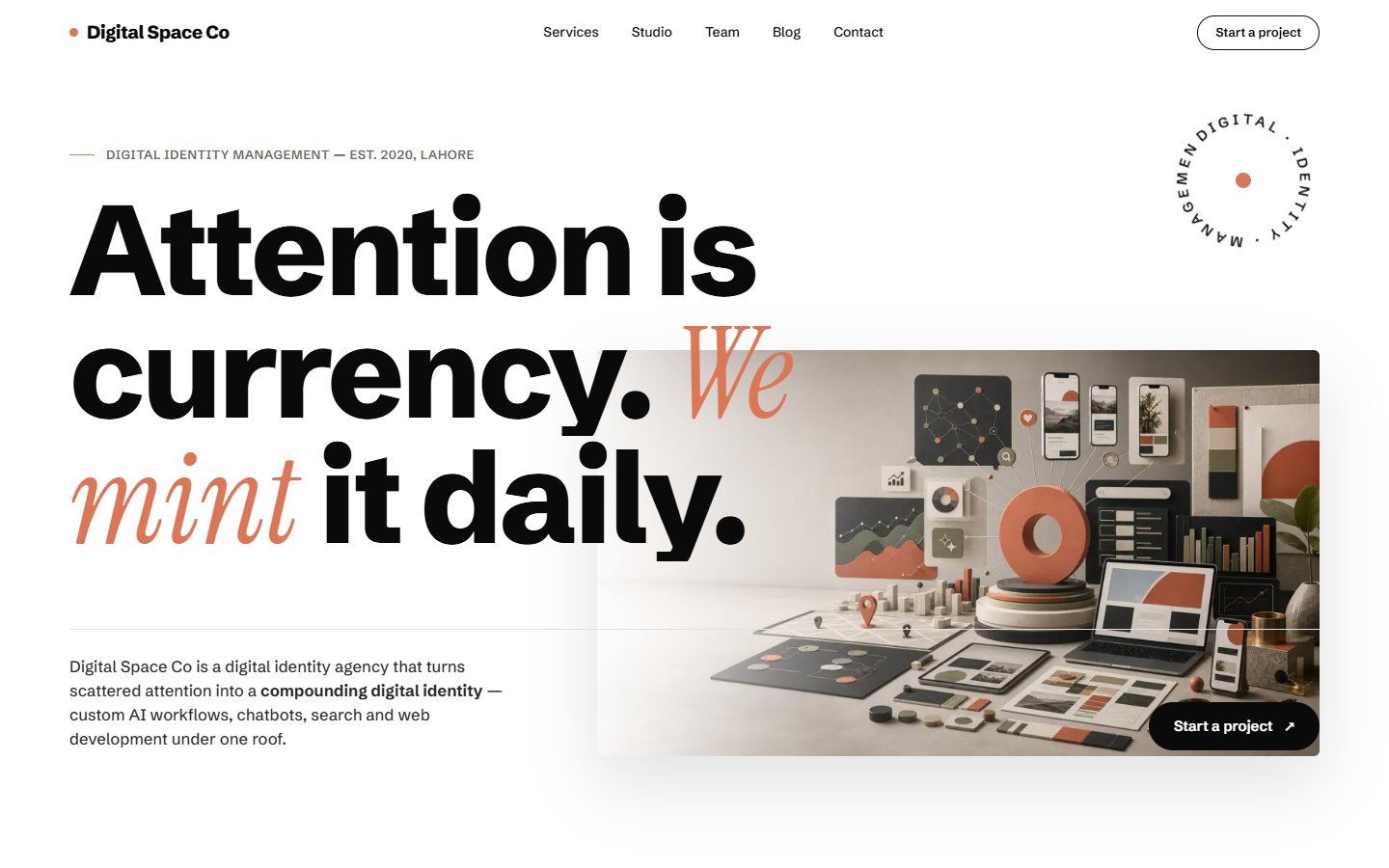Digital Space Co homepage with oversized editorial typography and agency identity visuals