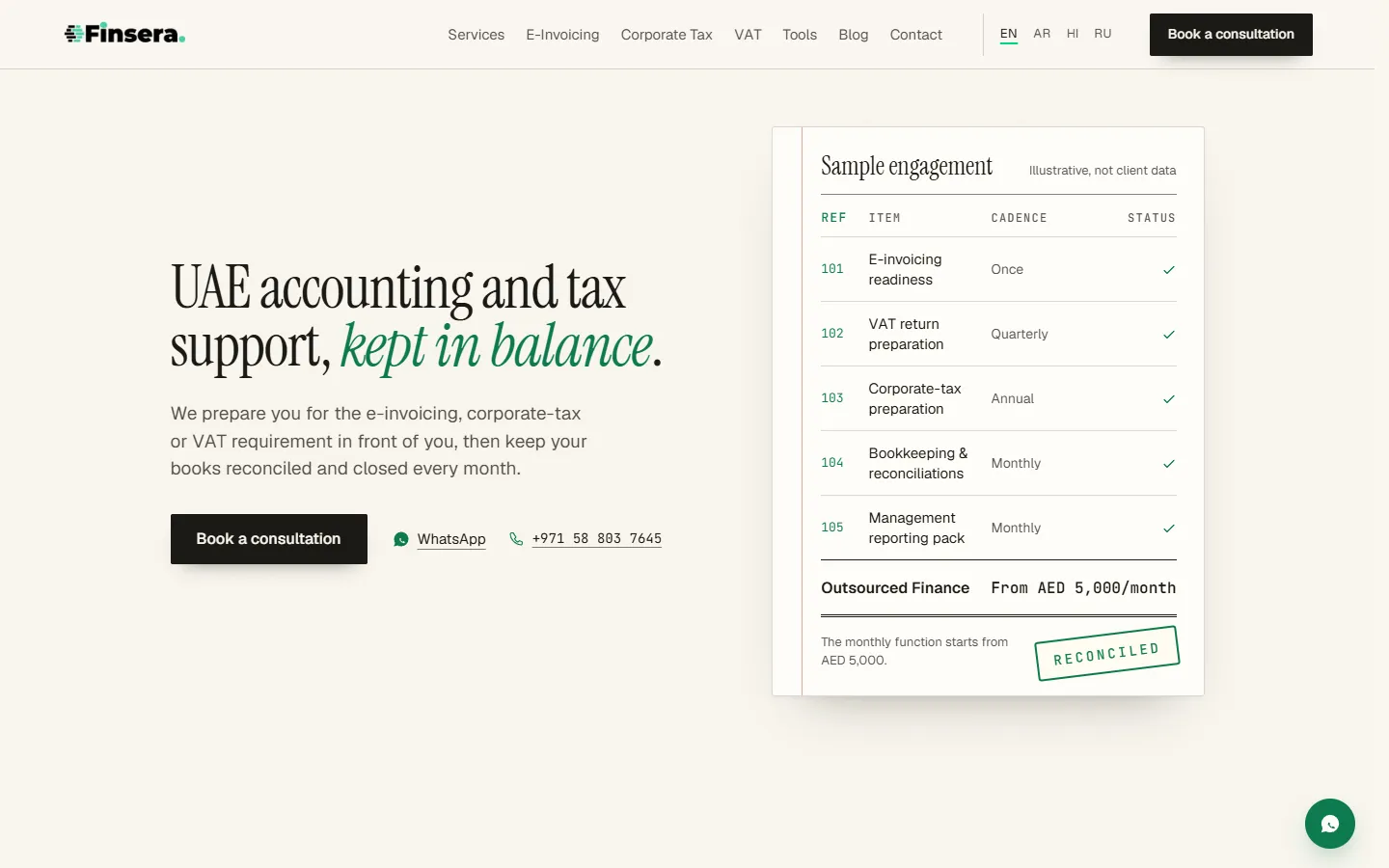 Finsera UAE English home page with a language switcher and a sample engagement table labelled illustrative