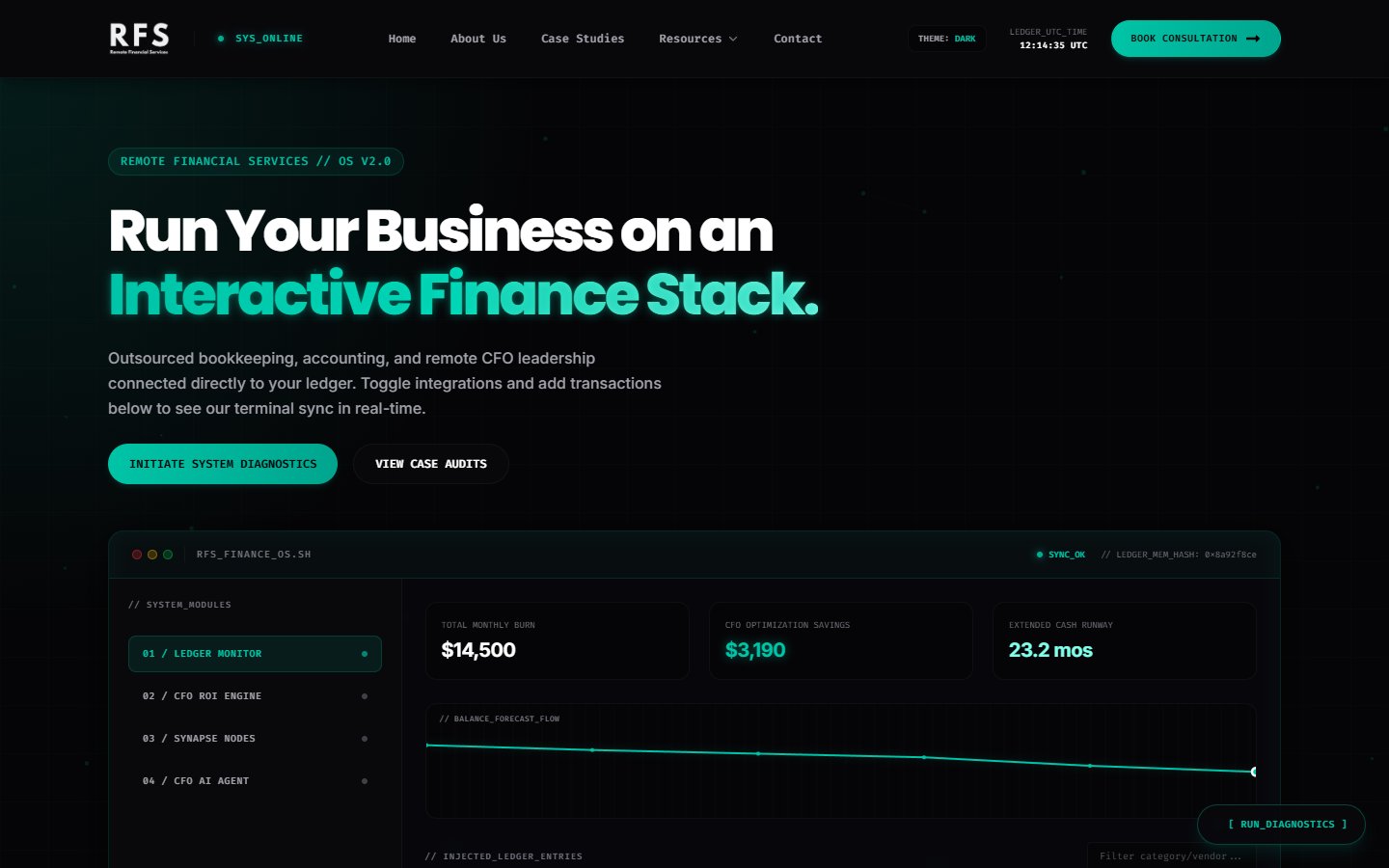Remote FinServ homepage with dark terminal-inspired finance stack interface