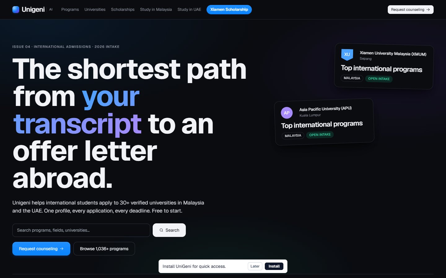 UniGeni AI homepage with dark admissions platform interface and university cards