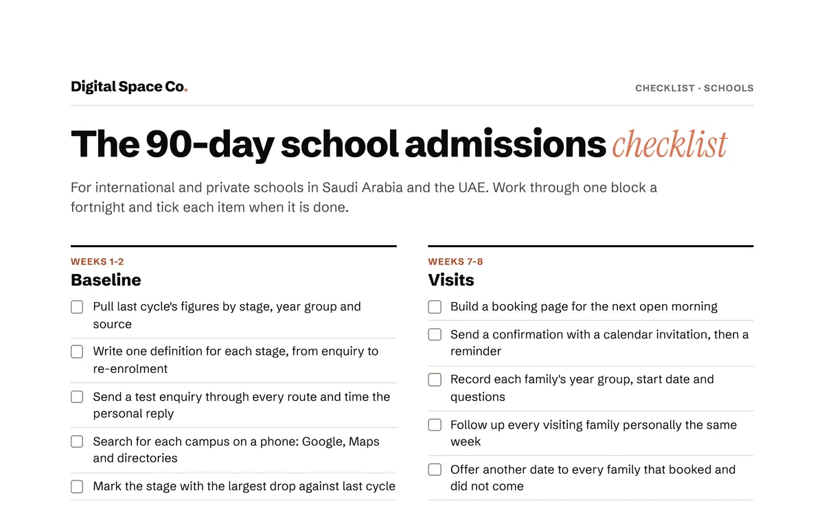 Preview of the first page of the school admissions 90-day checklist